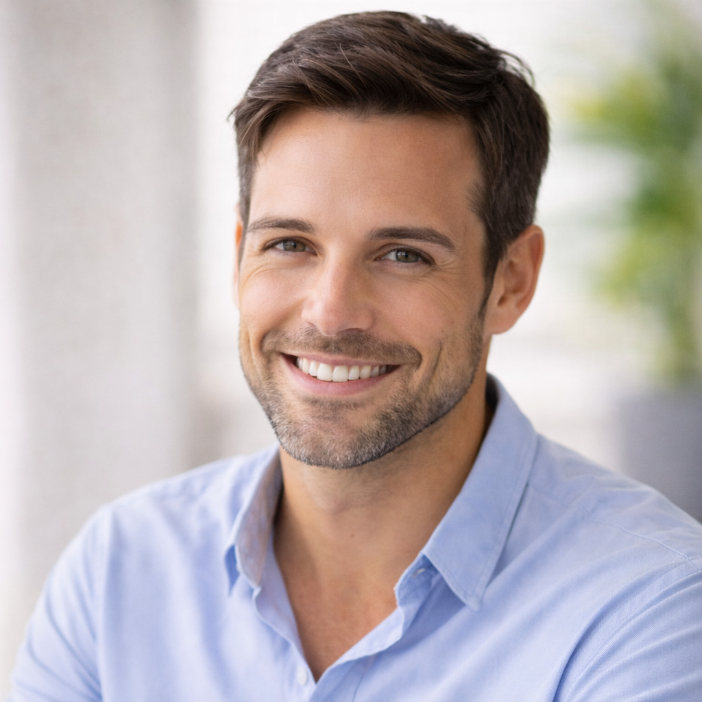 Carlos Rivera smiling, facing forward in professional attire, set against a neutral background. The environment is formal and welcoming. Text in image: Carlos Rivera, Broker Agent, Real State, Time Share, Land Sales Specialist. Emotional tone is friendly and approachable.